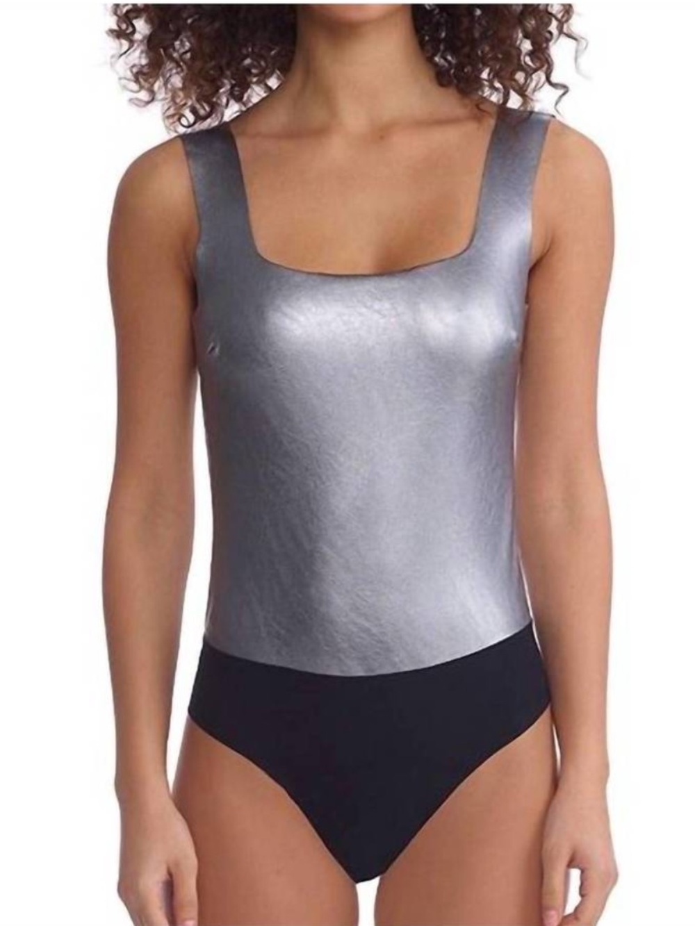 COMMANDO Silver Faux Leather Square Neck Bodysuit Size Small